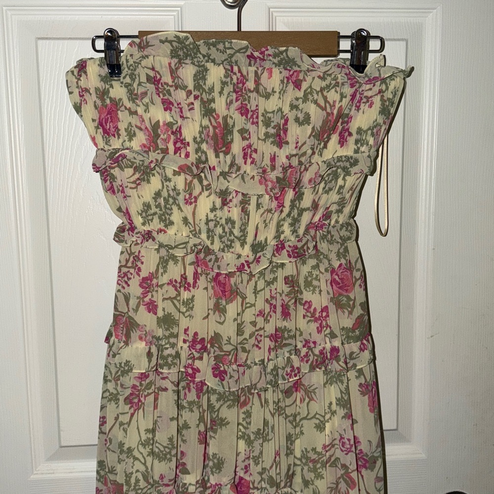 BHLDN Floral Chiffon Strapless Ruched Tiered A-Line Midi Dress - Picture 7 of 9